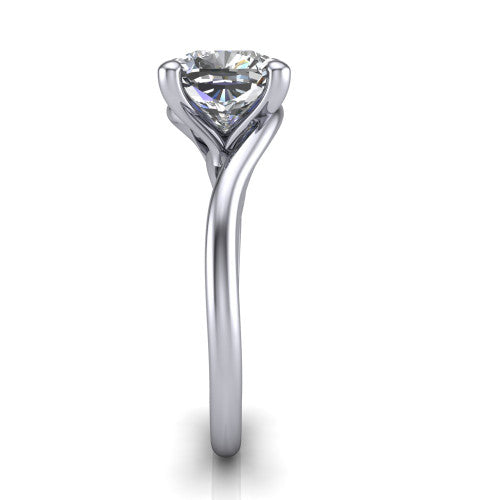 Awren cushion solitaire engagement ring in 18K White Gold, side profile showing the bypass crossover shank and slim polished band