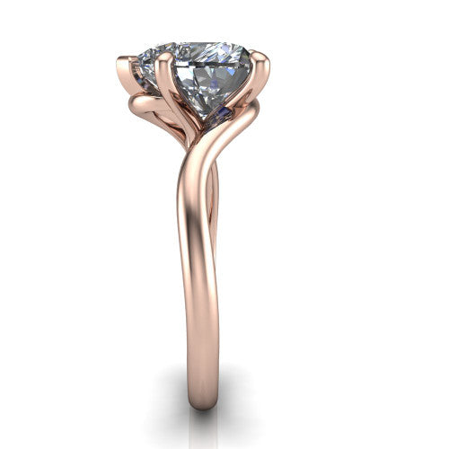 Awren heart solitaire engagement ring in 14K Rose Gold, side profile showing the bypass crossover shank and slim polished band