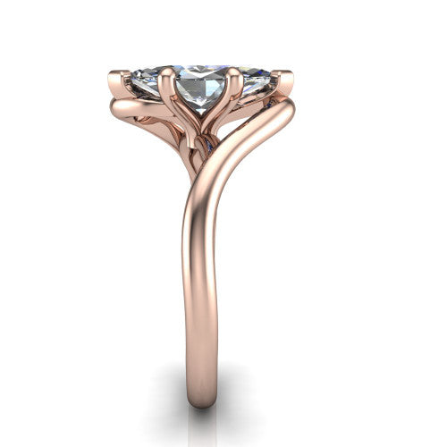 Awren marquise solitaire engagement ring in 18K Rose Gold, side profile showing the bypass crossover shank and slim polished band