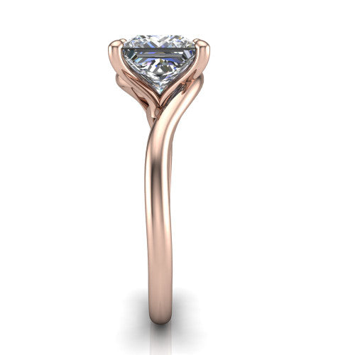 Awren princess solitaire engagement ring in 18K Rose Gold, side profile showing the bypass crossover shank and slim polished band