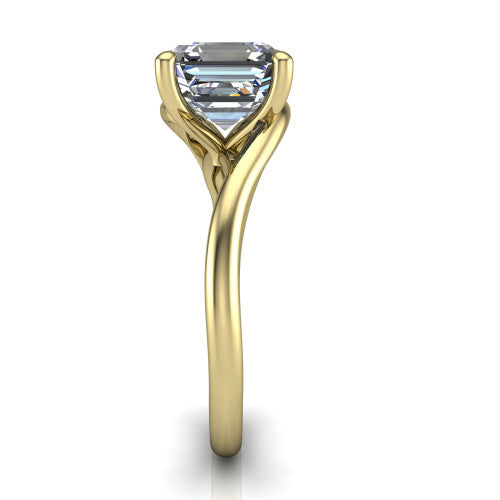 Awren square emerald solitaire engagement ring in 18K Yellow Gold, side profile showing the bypass crossover shank and slim polished band