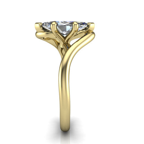 Awren marquise solitaire engagement ring in 14K Yellow Gold, side profile showing the bypass crossover shank and slim polished band