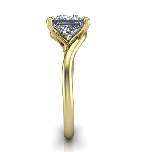 Awren princess solitaire engagement ring in 18K Yellow Gold, side profile showing the bypass crossover shank and slim polished band