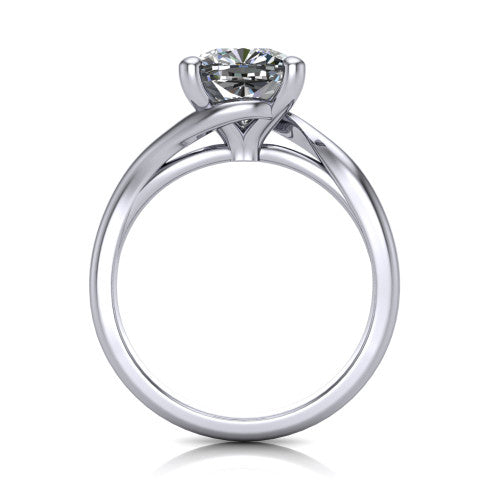 Awren cushion solitaire engagement ring in 18K White Gold, through-finger front profile showing the bypass arms crossing beneath the head and open under-gallery