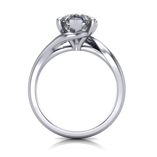 Awren heart solitaire engagement ring in Platinum, through-finger front profile showing the bypass arms crossing beneath the head and open under-gallery