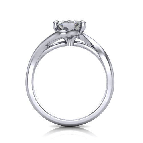Awren marquise solitaire engagement ring in 18K White Gold, through-finger front profile showing the bypass arms crossing beneath the head and open under-gallery