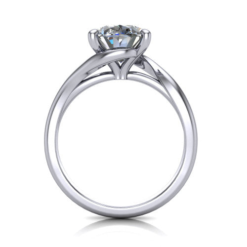 Awren oval solitaire engagement ring in Platinum, through-finger front profile showing the bypass arms crossing beneath the head and open under-gallery
