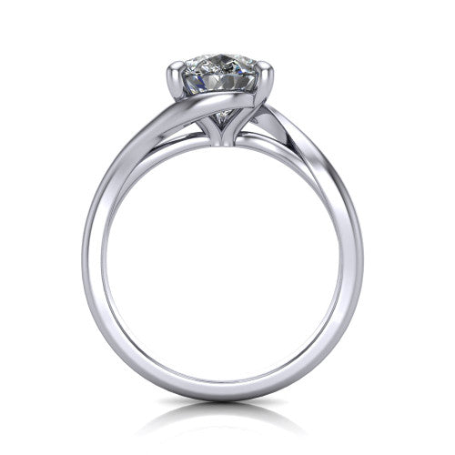 Awren pear solitaire engagement ring in 18K White Gold, through-finger front profile showing the bypass arms crossing beneath the head and open under-gallery