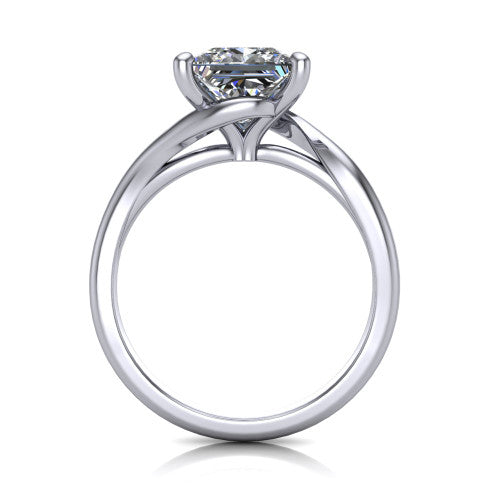 Awren princess solitaire engagement ring in 18K White Gold, through-finger front profile showing the bypass arms crossing beneath the head and open under-gallery
