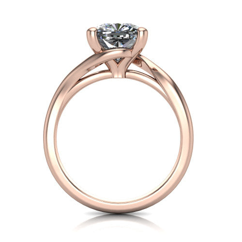 Awren cushion solitaire engagement ring in 14K Rose Gold, through-finger front profile showing the bypass arms crossing beneath the head and open under-gallery