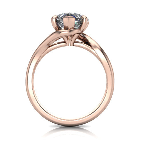 Awren heart solitaire engagement ring in 14K Rose Gold, through-finger front profile showing the bypass arms crossing beneath the head and open under-gallery