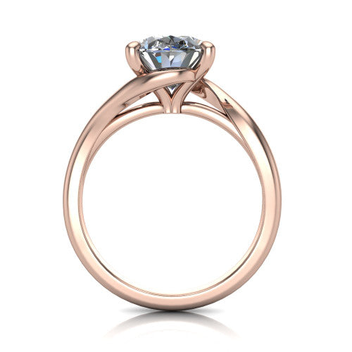 Awren oval solitaire engagement ring in 14K Rose Gold, through-finger front profile showing the bypass arms crossing beneath the head and open under-gallery