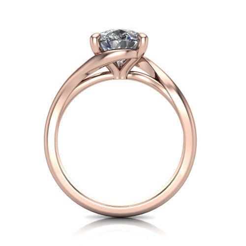 Awren pear solitaire engagement ring in 14K Rose Gold, through-finger front profile showing the bypass arms crossing beneath the head and open under-gallery