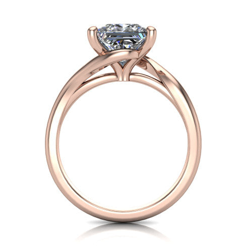 Awren princess solitaire engagement ring in 18K Rose Gold, through-finger front profile showing the bypass arms crossing beneath the head and open under-gallery