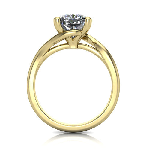 Awren cushion solitaire engagement ring in 14K Yellow Gold, through-finger front profile showing the bypass arms crossing beneath the head and open under-gallery