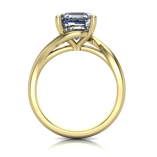 Awren square emerald solitaire engagement ring in 14K Yellow Gold, through-finger front profile showing the bypass arms crossing beneath the head and open under-gallery