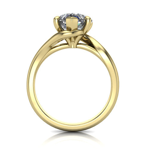 Awren heart solitaire engagement ring in 14K Yellow Gold, through-finger front profile showing the bypass arms crossing beneath the head and open under-gallery