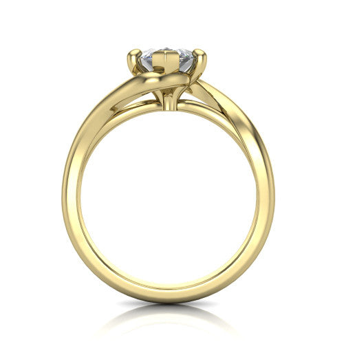 Awren marquise solitaire engagement ring in 14K Yellow Gold, through-finger front profile showing the bypass arms crossing beneath the head and open under-gallery