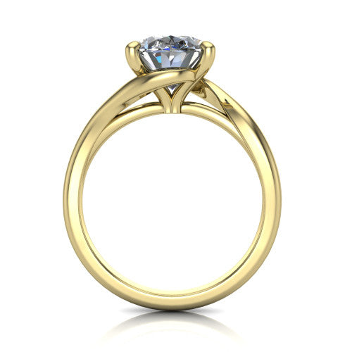 Awren oval solitaire engagement ring in 14K Yellow Gold, through-finger front profile showing the bypass arms crossing beneath the head and open under-gallery