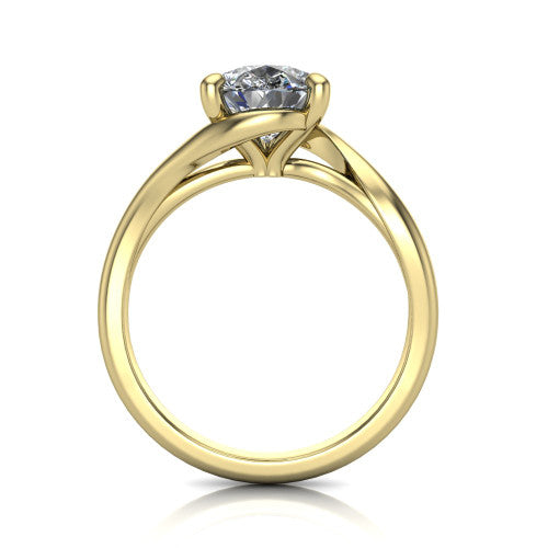 Awren pear solitaire engagement ring in 18K Yellow Gold, through-finger front profile showing the bypass arms crossing beneath the head and open under-gallery