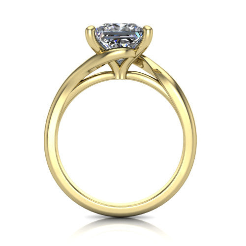 Awren princess solitaire engagement ring in 18K Yellow Gold, through-finger front profile showing the bypass arms crossing beneath the head and open under-gallery