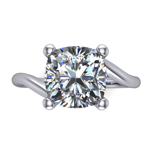 Awren cushion solitaire engagement ring in Platinum, top-down view showing the brilliant cushion-cut center diamond above the split bypass arms