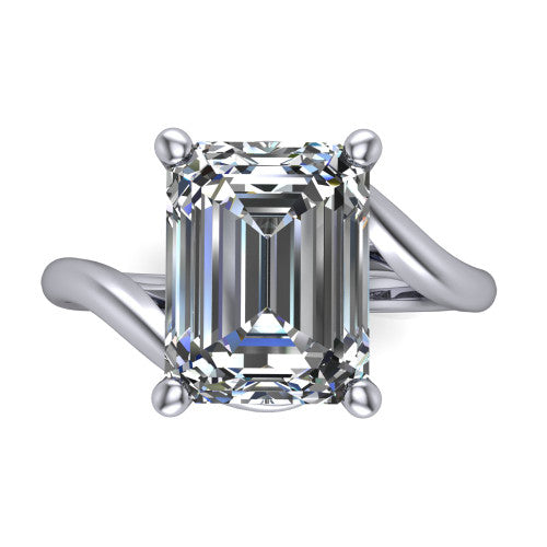 Awren emerald solitaire engagement ring in 14K White Gold, top-down view showing the step-cut emerald center diamond above the split bypass arms
