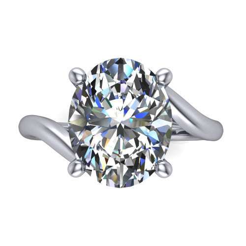 Awren oval solitaire engagement ring in 14K White Gold, top-down view showing the brilliant oval center diamond above the split bypass arms