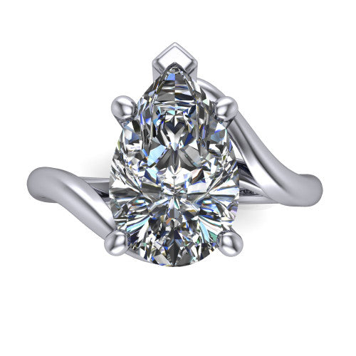 Awren pear solitaire engagement ring in Platinum, top-down view showing the brilliant pear-cut center diamond above the split bypass arms