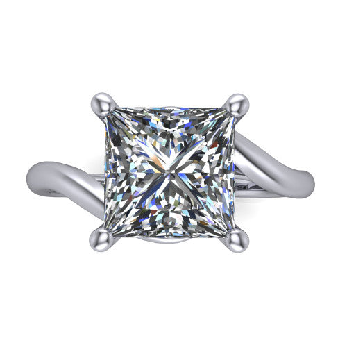 Awren princess solitaire engagement ring in 18K White Gold, top-down view showing the brilliant princess-cut center diamond above the split bypass arms