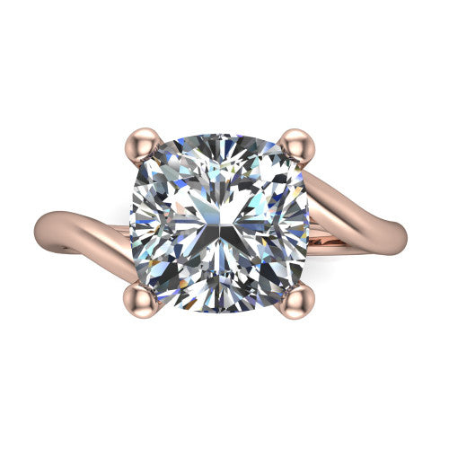 Awren cushion solitaire engagement ring in 18K Rose Gold, top-down view showing the brilliant cushion-cut center diamond above the split bypass arms