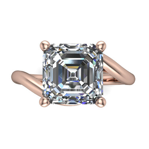 Awren square emerald solitaire engagement ring in 18K Rose Gold, top-down view showing the step-cut square emerald center diamond above the split bypass arms