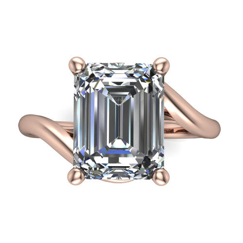 Awren emerald solitaire engagement ring in 14K Rose Gold, top-down view showing the step-cut emerald center diamond above the split bypass arms