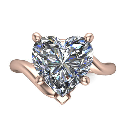Awren heart solitaire engagement ring in 14K Rose Gold, top-down view showing the brilliant heart-shaped center diamond above the split bypass arms