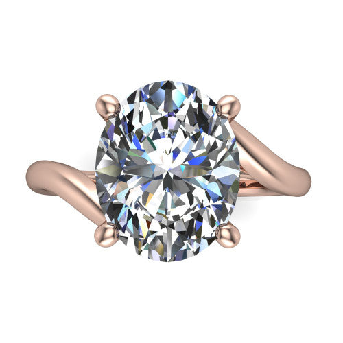Awren oval solitaire engagement ring in 14K Rose Gold, top-down view showing the brilliant oval center diamond above the split bypass arms
