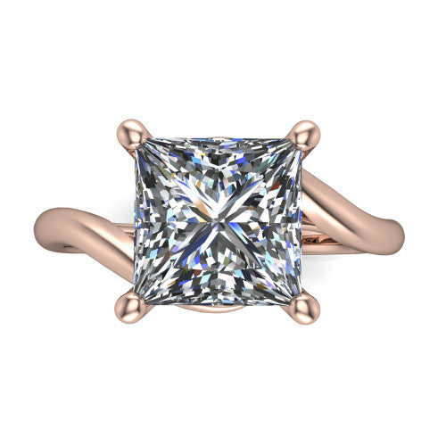 Awren princess solitaire engagement ring in 14K Rose Gold, top-down view showing the brilliant princess-cut center diamond above the split bypass arms
