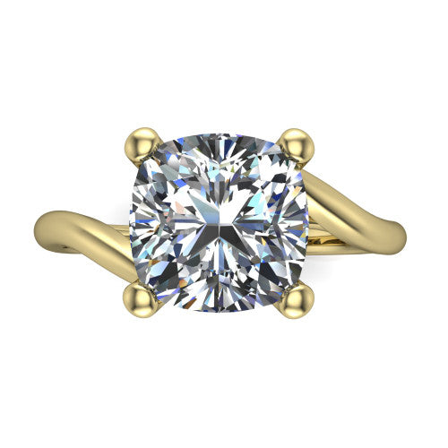 Awren cushion solitaire engagement ring in 14K Yellow Gold, top-down view showing the brilliant cushion-cut center diamond above the split bypass arms