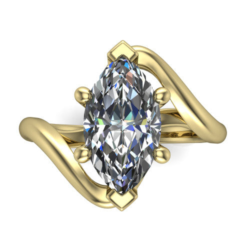 Awren marquise solitaire engagement ring in 18K Yellow Gold, top-down view showing the brilliant marquise center diamond above the split bypass arms