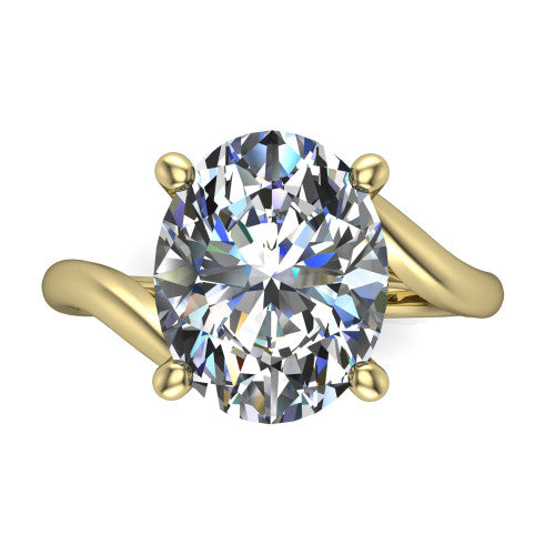 Awren oval solitaire engagement ring in 18K Yellow Gold, top-down view showing the brilliant oval center diamond above the split bypass arms