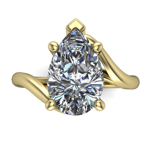 Awren pear solitaire engagement ring in 14K Yellow Gold, top-down view showing the brilliant pear-cut center diamond above the split bypass arms