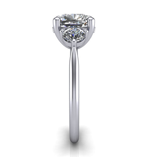 Edith cushion hidden halo engagement ring in 18K White Gold, side profile showing the tall basket, hidden pave halo beneath the center stone, and slim polished band