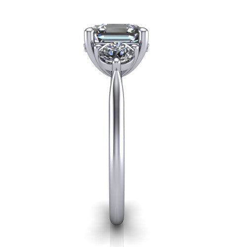 Edith square emerald hidden halo engagement ring in 18K White Gold, side profile showing the tall basket, hidden pave halo beneath the center stone, and slim polished band