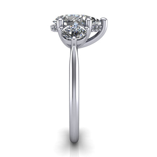 Edith pear hidden halo engagement ring in 14K White Gold, side profile showing the tall basket, hidden pave halo beneath the center stone, and slim polished band