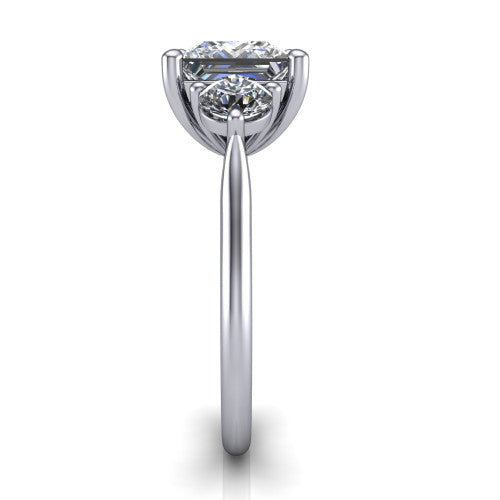 Edith princess hidden halo engagement ring in 14K White Gold, side profile showing the tall basket, hidden pave halo beneath the center stone, and slim polished band