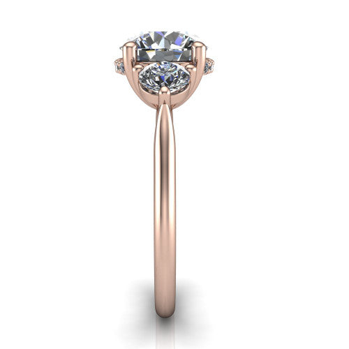 Edith round hidden halo engagement ring in 18K Rose Gold, side profile showing the tall basket, hidden pave halo beneath the center stone, and slim polished band