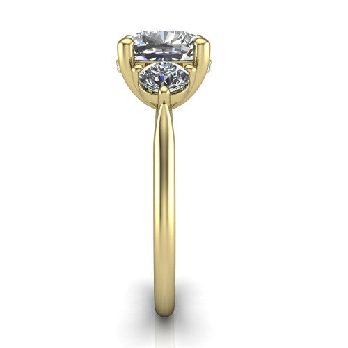 Edith cushion hidden halo engagement ring in 18K Yellow Gold, side profile showing the tall basket, hidden pave halo beneath the center stone, and slim polished band