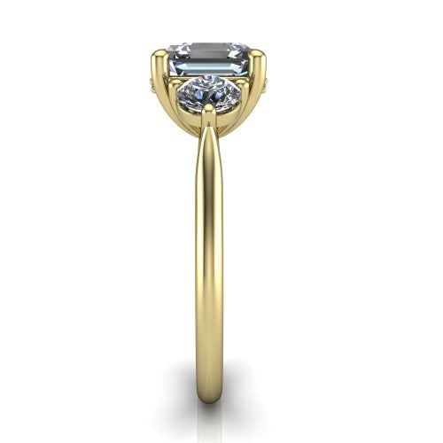 Edith square emerald hidden halo engagement ring in 18K Yellow Gold, side profile showing the tall basket, hidden pave halo beneath the center stone, and slim polished band