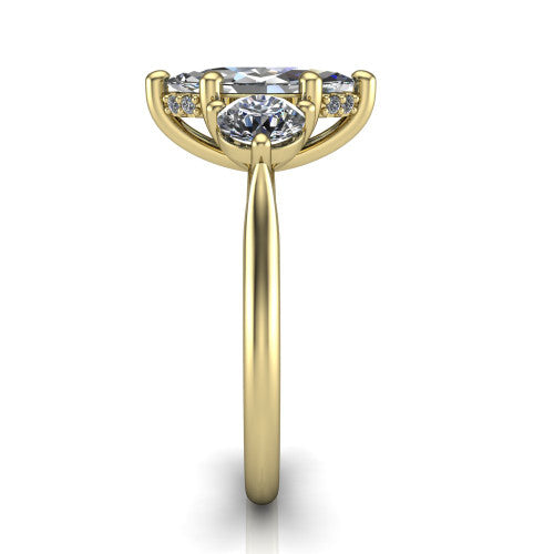 Edith marquise hidden halo engagement ring in 18K Yellow Gold, side profile showing the tall basket, hidden pave halo beneath the center stone, and slim polished band
