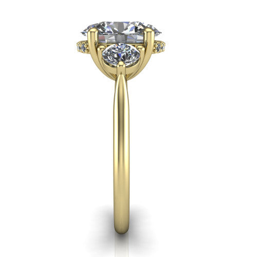 Edith oval hidden halo engagement ring in 18K Yellow Gold, side profile showing the tall basket, hidden pave halo beneath the center stone, and slim polished band