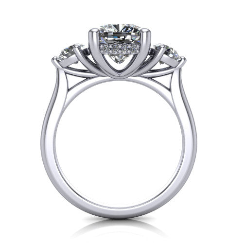 Edith cushion hidden halo engagement ring in 18K White Gold, through-finger front profile showing the three-stone head and tall basket with hidden halo visible from the side